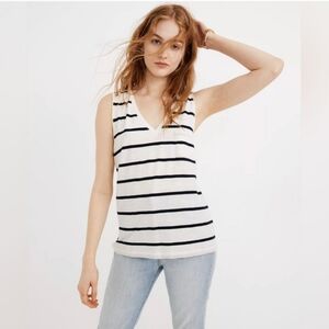 Madewell White Whisper Cotton V-Neck Pocket Tank Creston Stripe Women’s Size L